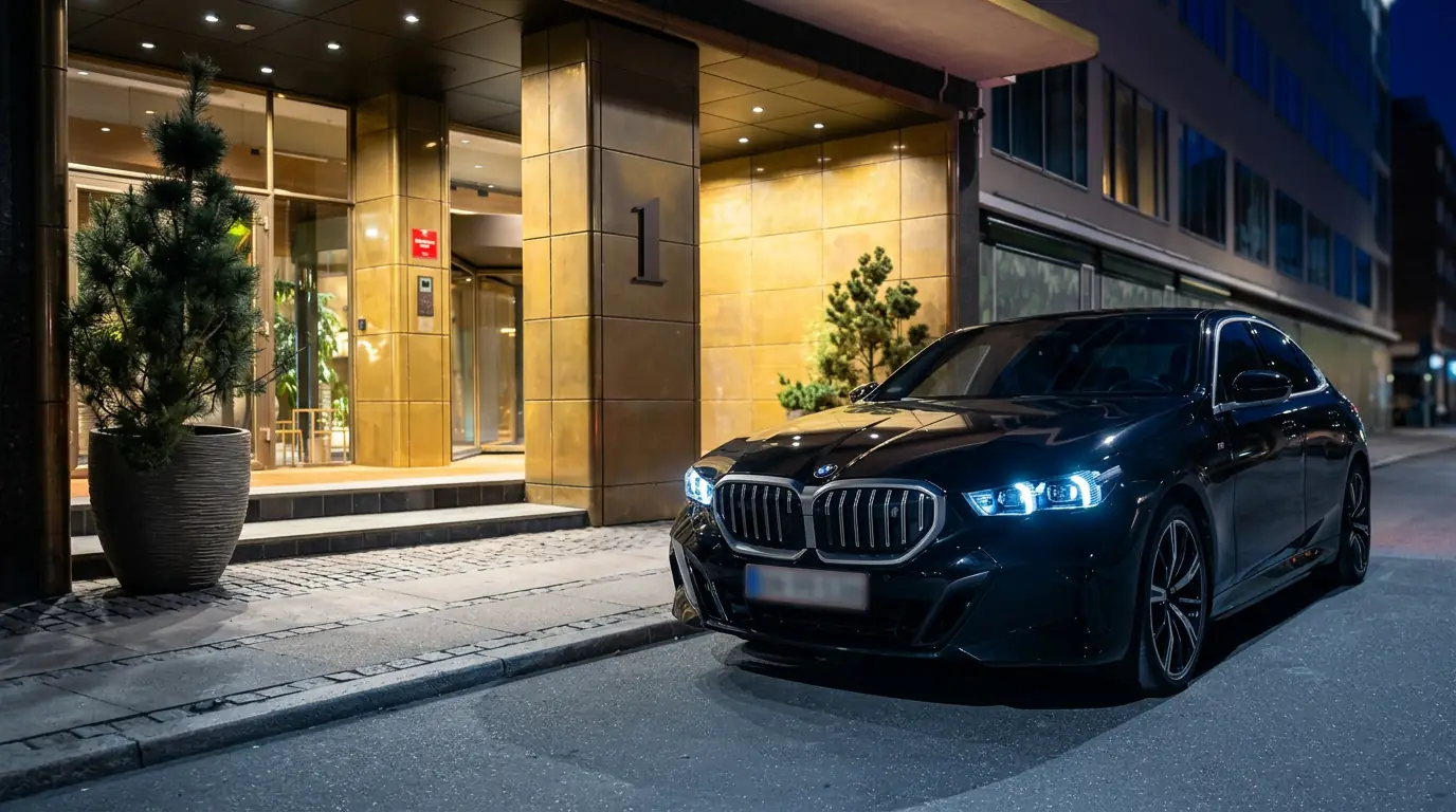 Prime Limousine BMW i5 at a Copenhagen hotel entrance at night